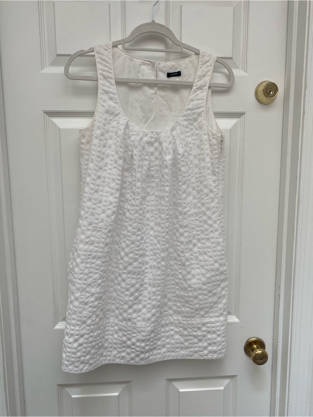 J. Crew White Textured Sleeveless Shift Dress w Gathered Scoop Neck, Pockets - 4